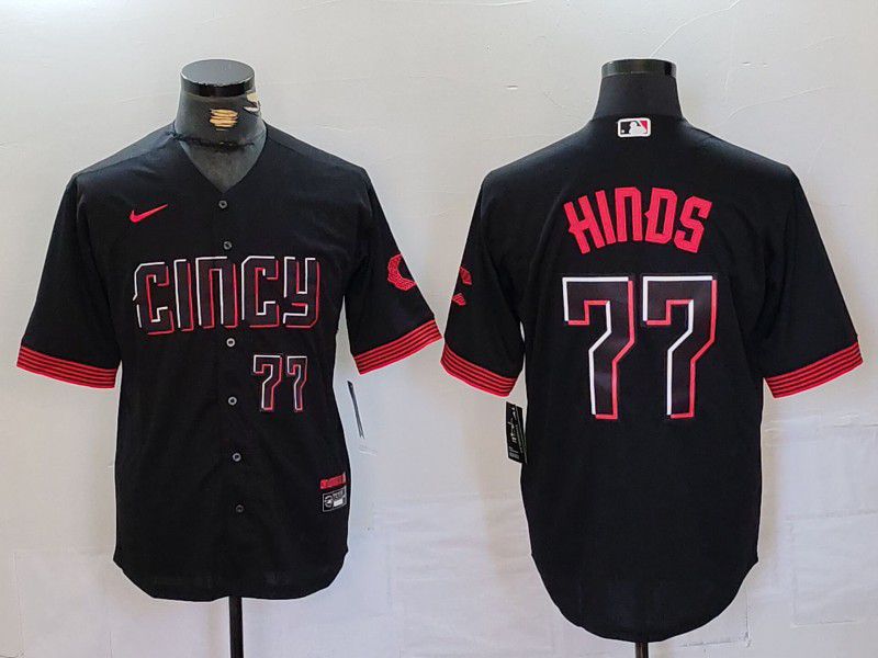 Men Cincinnati Reds 77 Hinds Black City Edition Nike 2024 MLB Jersey style 4